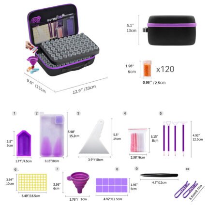 120 slots large diamond painting storage box dimensions and accessories infographic.
