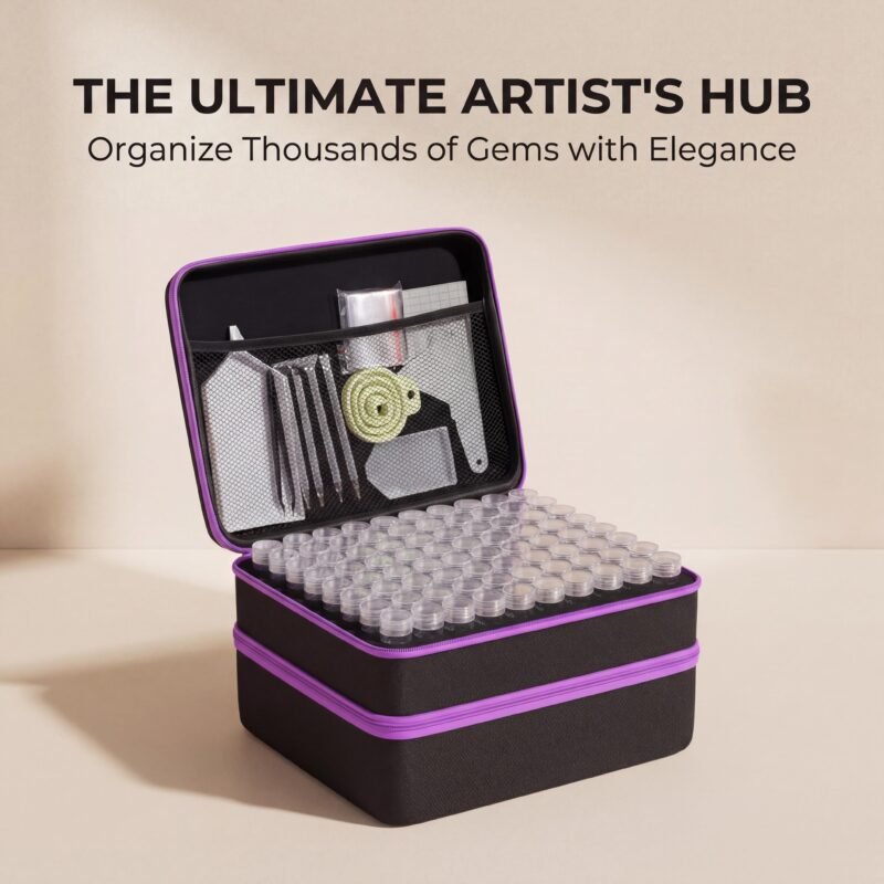 Premium black and purple diamond painting storage organizer case with Morandi aesthetic background.