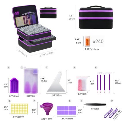 240 slots double-layer massive diamond painting case dimensions: 12.9 by 11.2 inches.
