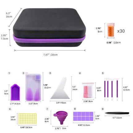 30 slots compact diamond painting storage case with dimensions and tool list.