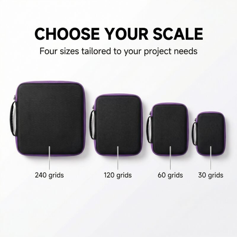 Detailed dimension diagram for 30, 60, 120 and 240 grid diamond art organizer cases.