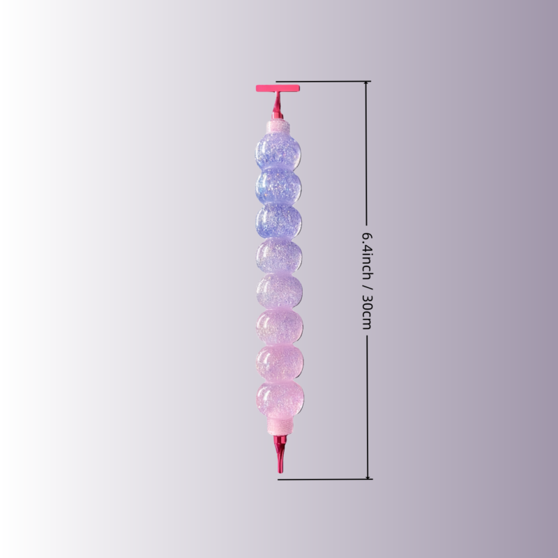 Dimensional graphic of the purple beaded resin pen showing 6.4 inch or 16.2 cm total length.