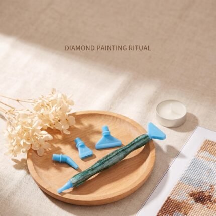 Aesthetic lifestyle shot of a resin diamond painting pen on a wooden plate with lavender, labeled Diamond Painting Ritual.