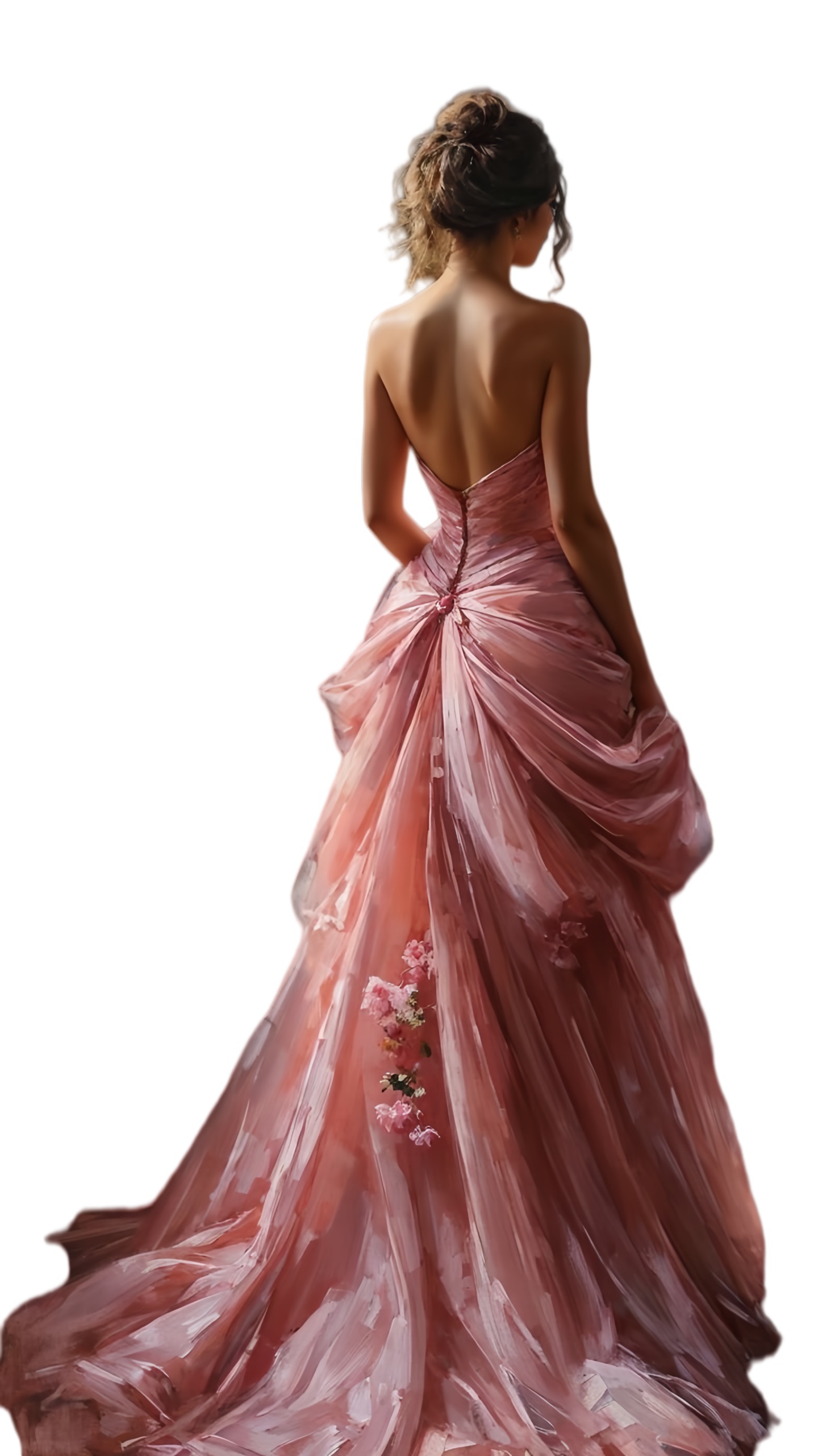 A woman in a beautiful, flowing pink evening gown with floral details, seen from the back, elegant formal dress for prom or wedding.