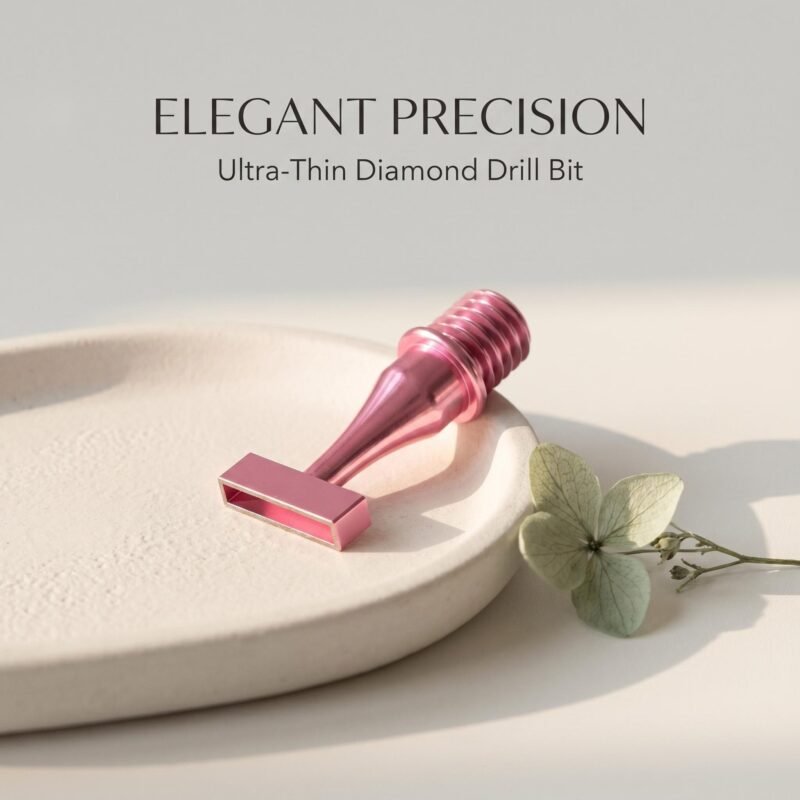 Elegant rose pink stainless steel diamond drill bit on a minimalist ceramic tray with an hydrangea flower.