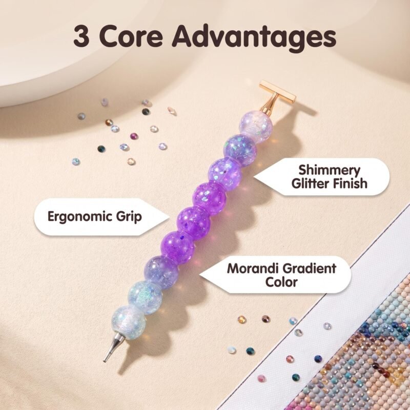 Core advantages of the diamond painting pen: ergonomic grip, Morandi gradient color, and glitter finish.