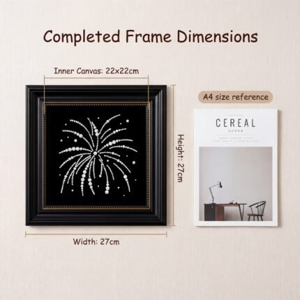 Dimension diagram for 27x27cm framed pearl art kit compared to an A4 magazine.