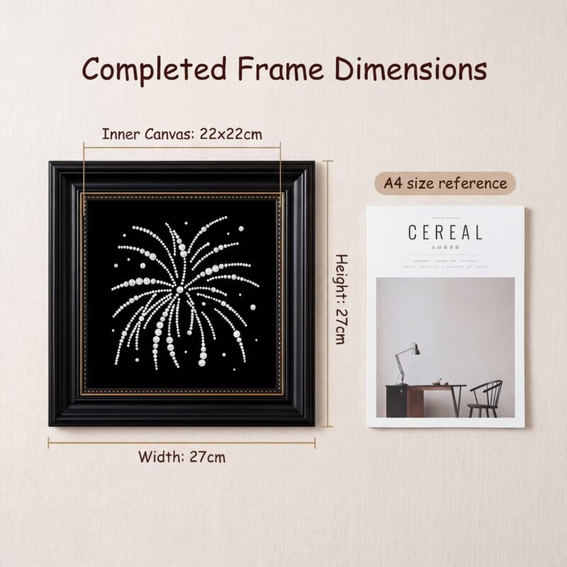 Dimension diagram for 27x27cm framed pearl art kit compared to an A4 magazine.
