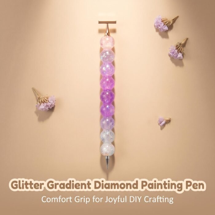 Artistic display of the glitter gradient diamond painting pen on a beige background with dried flowers.
