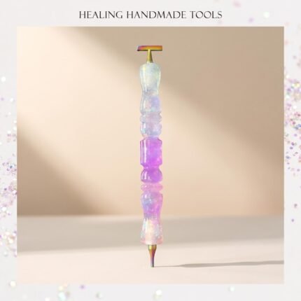 Vertical shot of the purple and white resin diamond painting stylus against a minimalist background.