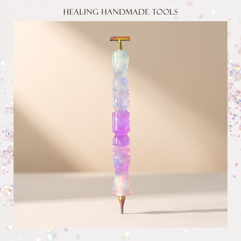 Vertical shot of the purple and white resin diamond painting stylus against a minimalist background.