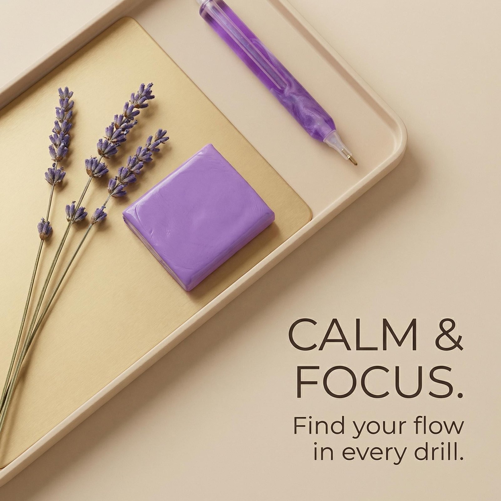 Aesthetic lifestyle background featuring lavender scented purple glue clay and a diamond painting pen for a calm and focused crafting ritual.