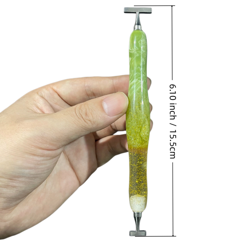 Dimensions of Sage Green resin diamond painting pen, 6.10 inches or 15.5 cm long, featuring ergonomic hand-poured resin and stainless steel tips.