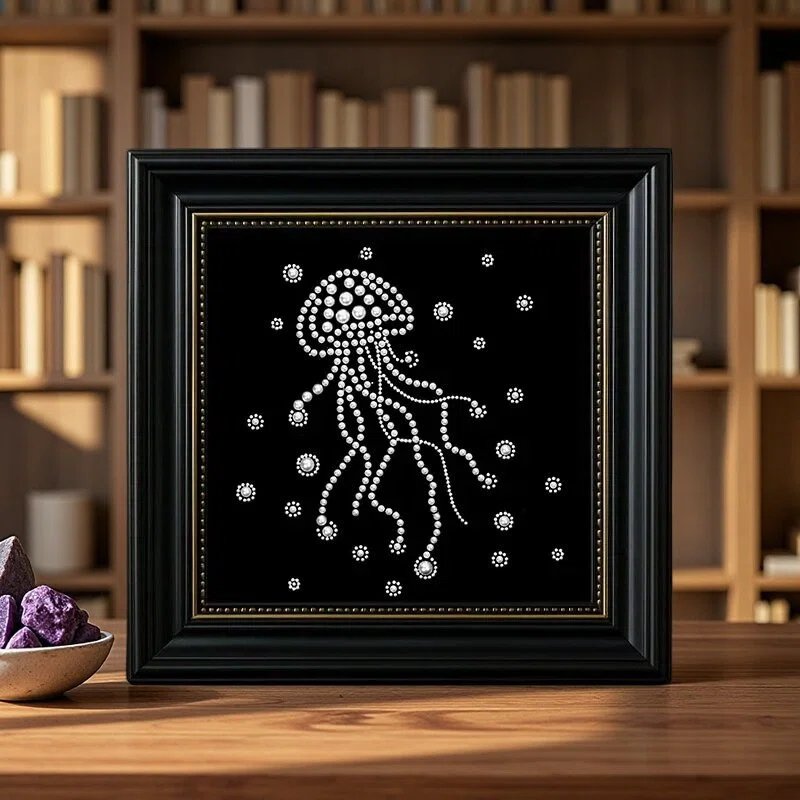 Radiant jellyfish ocean series framed pearl art with 3D shimmering effect.