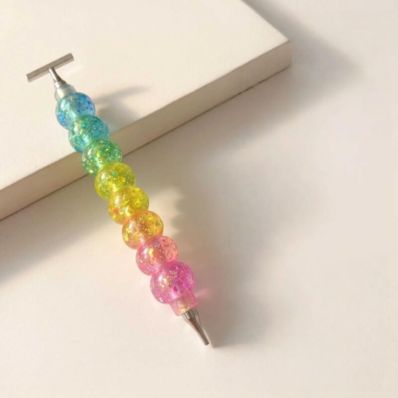 Close-up details of resin beads with glitter and the high-quality T-bar connection.