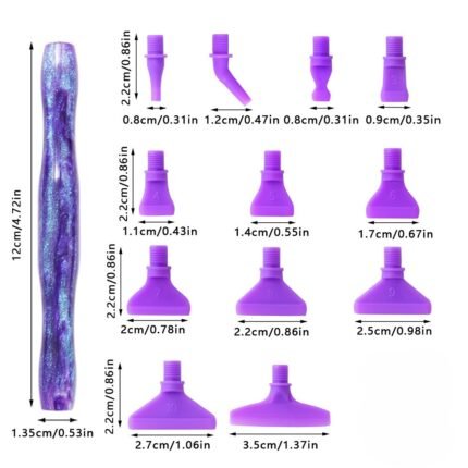 Detailed size guide for 12cm ergonomic resin diamond painting pen and 12 types of threaded placer tips.