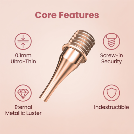 Infographic of rose gold metal nib features: 0.1mm ultra-thin, screw-in security, eternal luster, and indestructible.