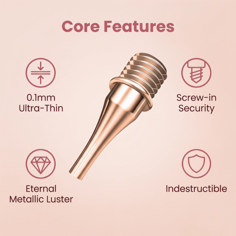 Infographic of rose gold metal nib features: 0.1mm ultra-thin, screw-in security, eternal luster, and indestructible.