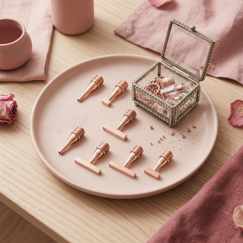 Premium rose gold stainless steel diamond painting nibs arranged on an aesthetic tray with lavender and gift box.