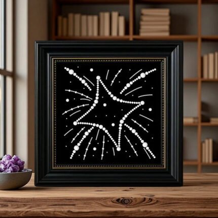 Sparkling minimalist star framed pearl art with gold trim solid wood frame.